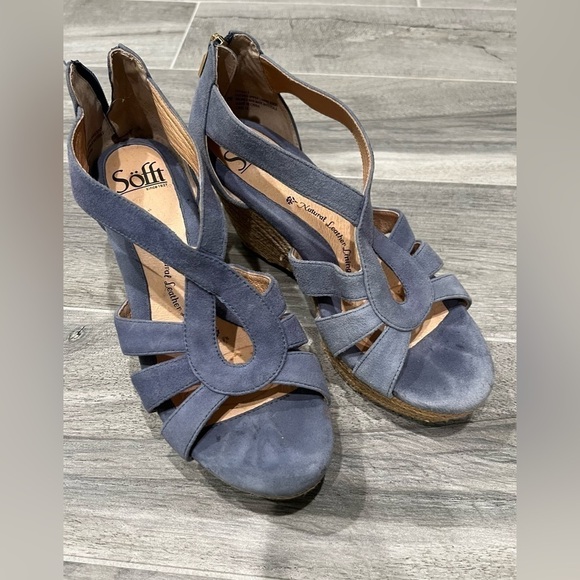 Sofft Shoes - Sofft Blue Suede Sandals with Tan Raffia Wedge